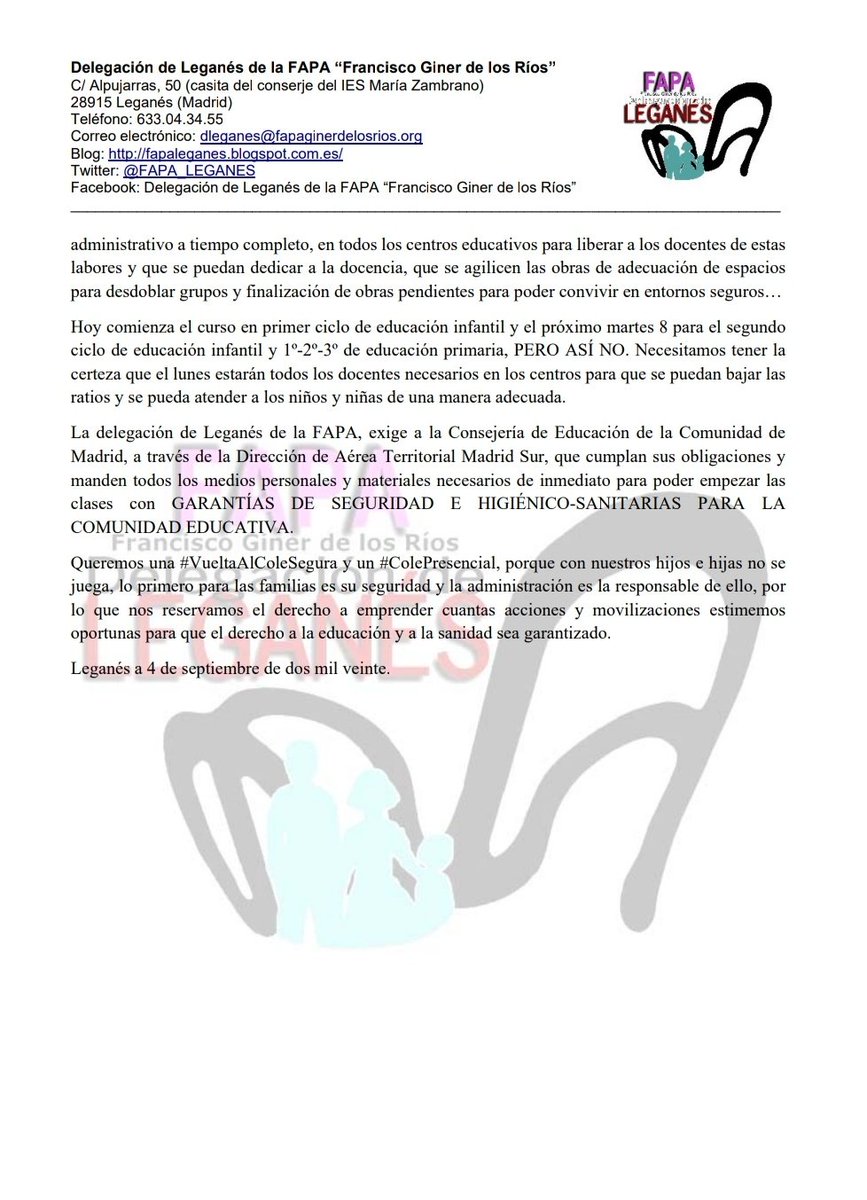 #VueltaAlColeSegura #ColePresencial
#AMPA #Leganés

Pedimos respeto, planificación responsable, inversión en educación, participación...

Garantizar el derecho a la educación y medidas higiénico-sanitarias desde el primer día.

👉con nuestr@s hij@s no se juega.