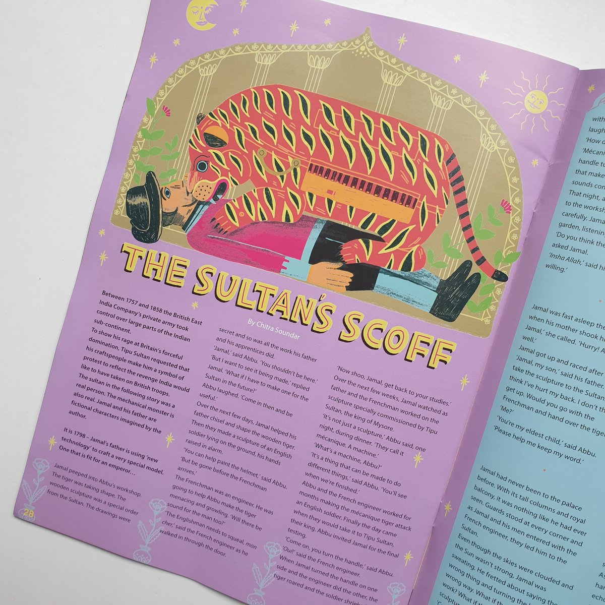 AleeshaNandhra's tweet photo. Got my copy of @AquilaMag yesterday! I had fun illustrating this story about Tipu's Tiger. It tells the  problematic story of how it ended up in the @vamuseum where it still lives today. 🐯
#illustration #tipustiger #tiger #editorialillustration #history https://t.co/8l52pdi3xt