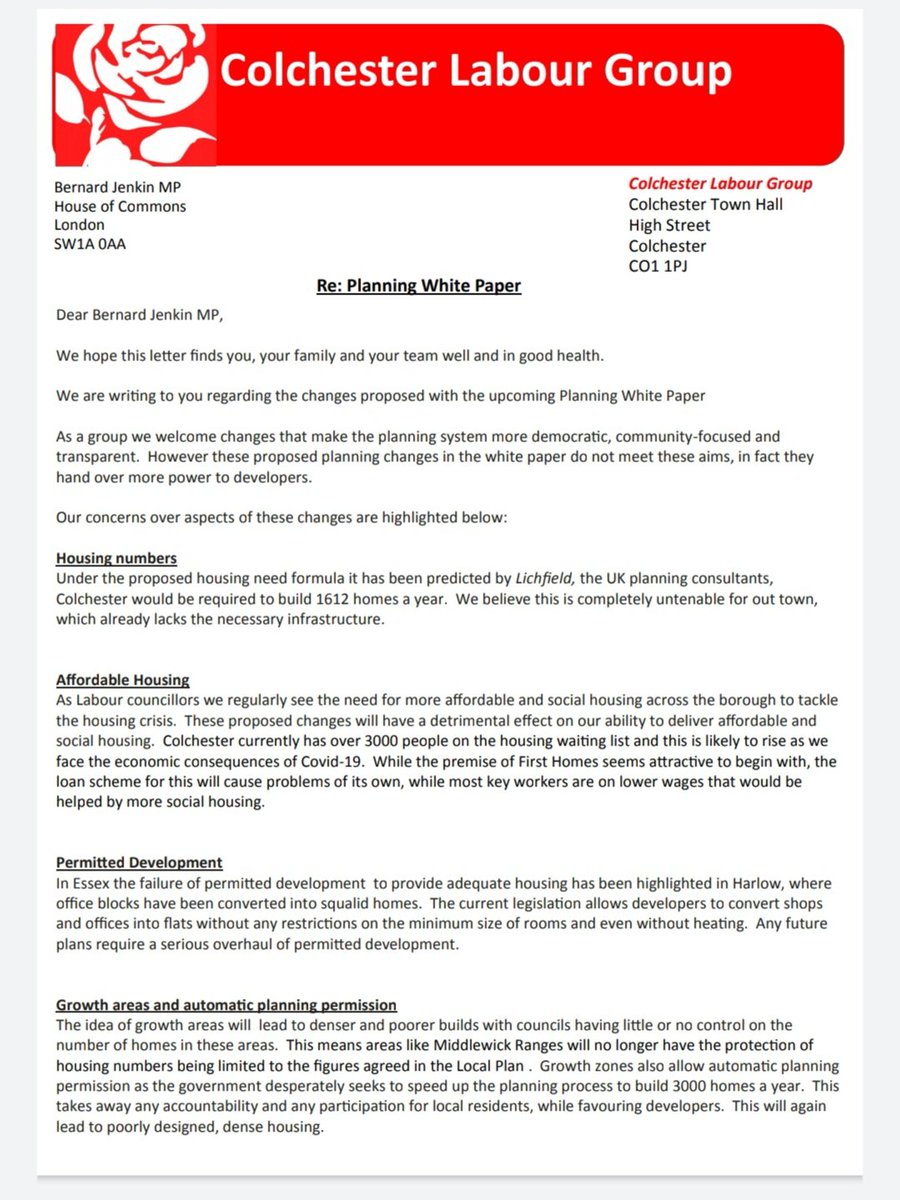 LabourWivenhoe's tweet photo. We would welcome changes to the planning system to make it more democratic, community focused and transparent.

But the these changes do not do this. In fact, they hand over even more power to unaccountable developers.

See @ColchesterLab's letter to @bernardjenkin bellow. https://t.co/nlAAjIvjHS