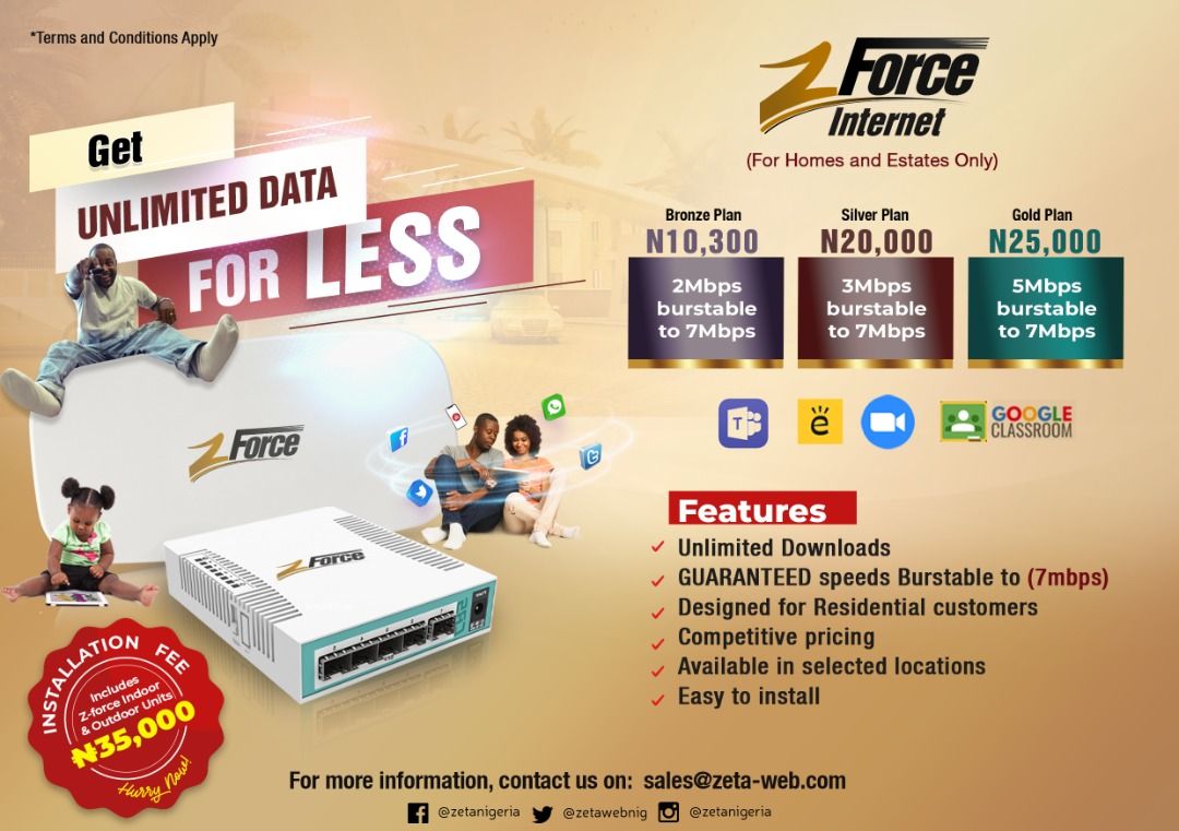 zetawebnigeria's tweet photo. Get Unlimited Data for Less!!! Enjoy Unlimited Downloads, GUARANTEED speeds Burstable to (7mbps),Competivite Pricing!
What are you waiting for?
For more information and Enquiry, call us on 01 270 1444 or send an email to info@zeta-web.com.
#Zetaforce #Zforce #int… https://t.co/QsfKiiTZrm
