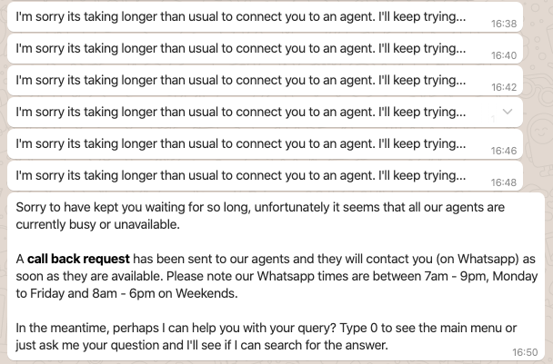 StratatechZA's tweet photo. A typical day trying to get any service from @webafrica WhatsApp support (this was yesterday to today... still waiting to get any support from them) https://t.co/p54Z2ginhp