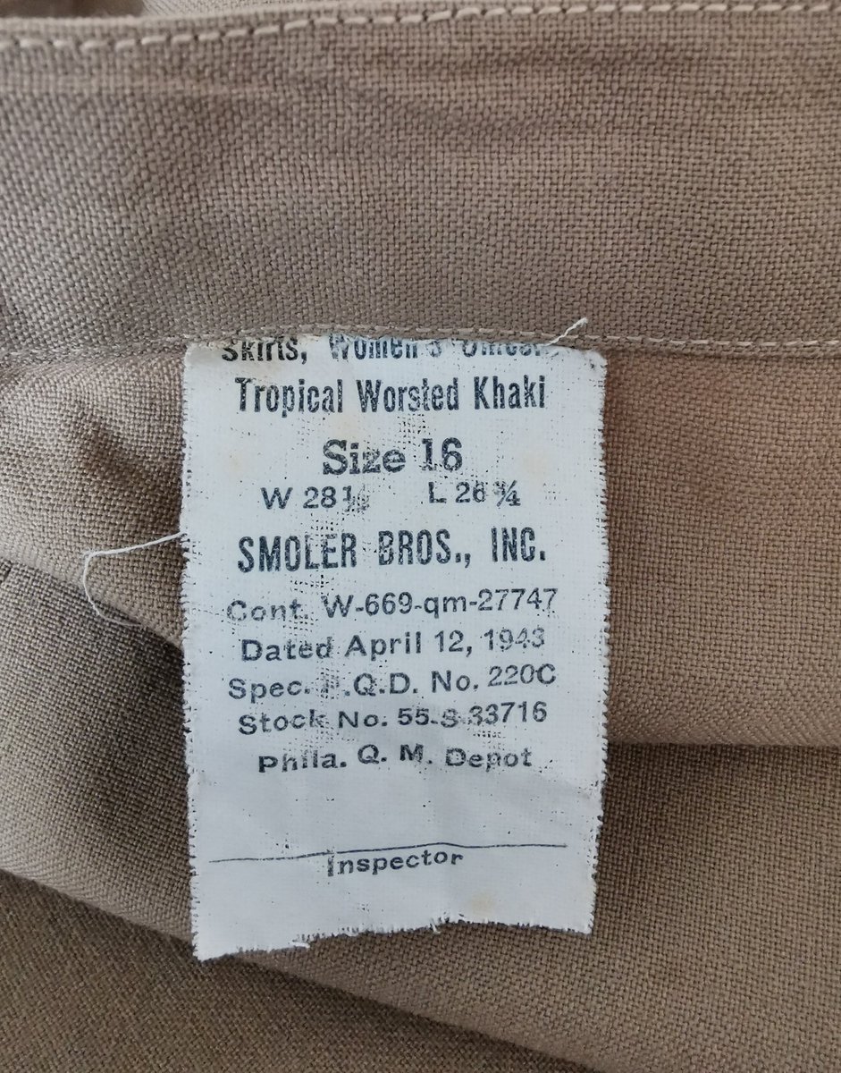 WomenAtWar2's tweet photo. From my #collection, #WAC #summerservice tropical worsted khaki #uniform 1944, replaced stiff, heavier cotton twill. I added #portofembarkation patch for a #livinghistory impression. Jacket named to Iona M. Newell from Iowa, enlisted Feb 45 #womenatwar #WWII #USArmy #militaria https://t.co/NtEIQ39pDq