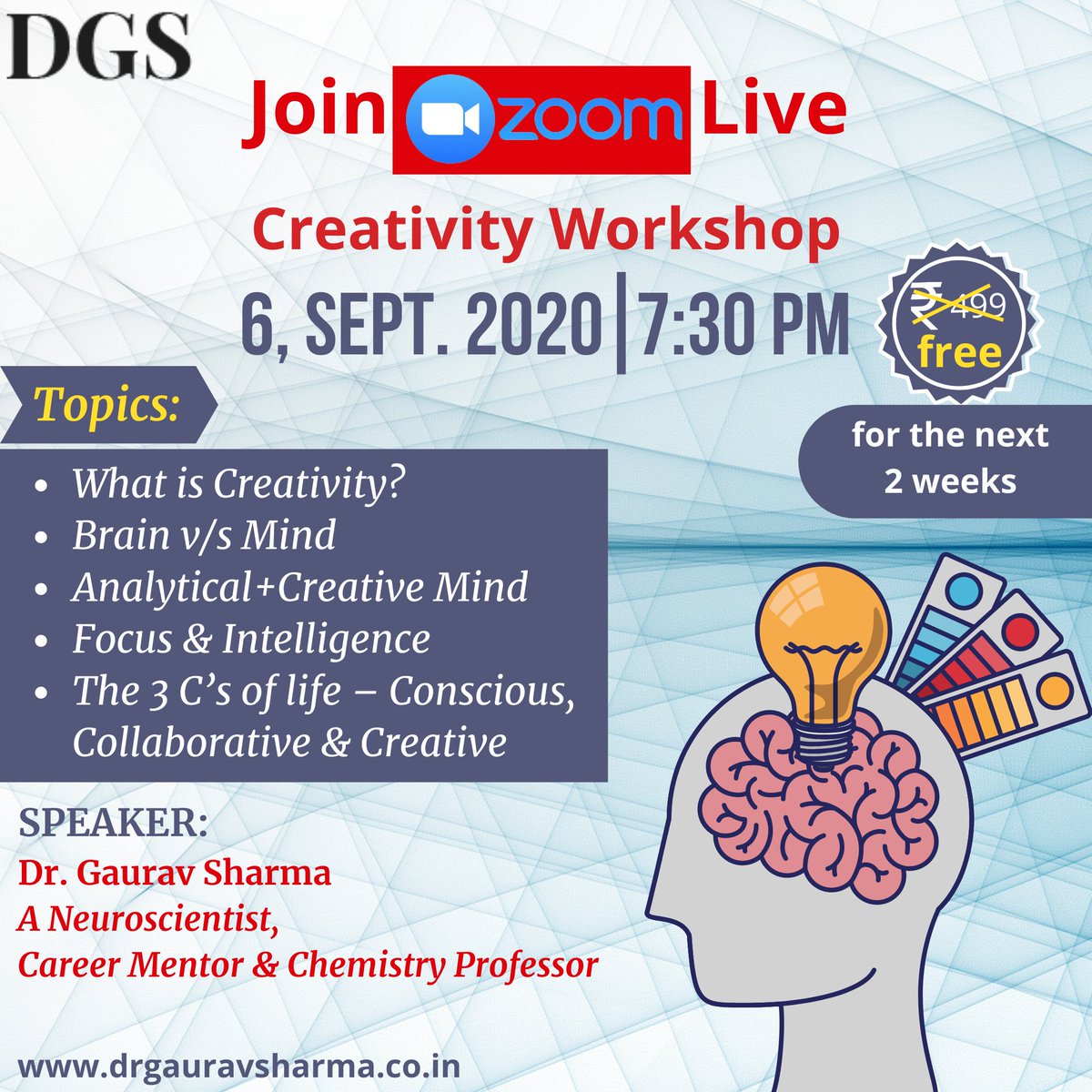 DrGaura47476692's tweet photo. Live Creativity Workshop on 6 Sept. at 7:30 pm.
It will be fruitful for you all.
Limited seats!
Enroll Now- https://t.co/oFqg41RcAy
For more details contact us at 8810615827 (What's App Only)
.
.
.
.
#creativeworkshops #creativityworkshop #workshop #dgs #drgauravsharma https://t.co/AsoY7Wap2J