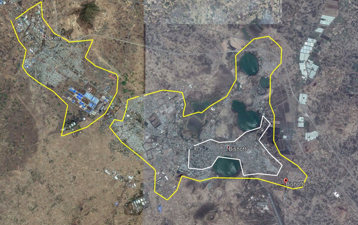 This is Bishoftu and Dukem growth from '86 to 2020. Dukem went from not visible on the map to merging with Bishoftu. Please note, no political unrest because of growth.