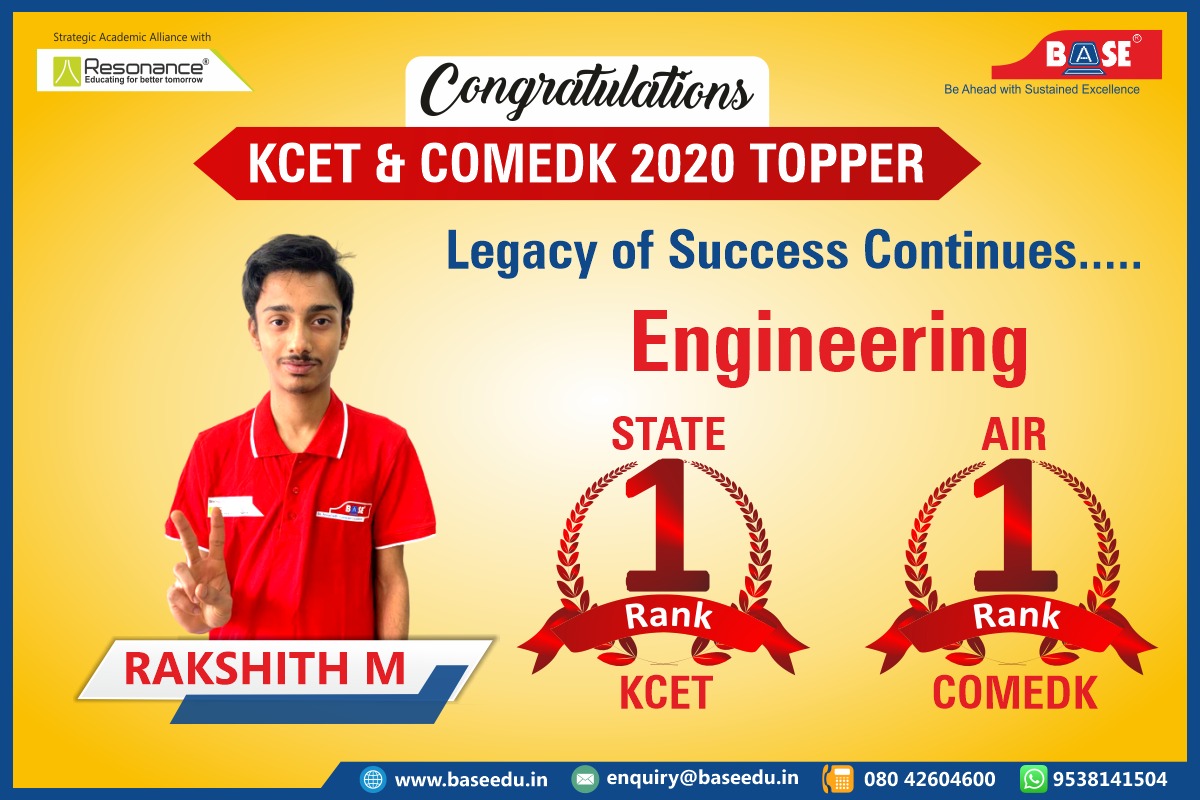 BASEEducational's tweet photo. History repeats & Legacy continues 🎉
Congratulations Rakshith M for getting AIR 1 in COMEDK 🎉💐 He is the same student who topped KCET (Engineering) with 1st Rank 🎉💐
Website : https://t.co/ONbv4Kd4sB
#Rakshith #KCET #COMEDK #Topper #Engineering #STATE1 #AIR1 #CET #NEET #JEE https://t.co/2ngHRDDcSo