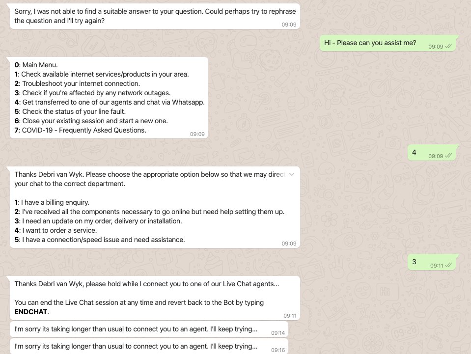 StratatechZA's tweet photo. A typical day trying to get any service from @webafrica WhatsApp support (this was yesterday to today... still waiting to get any support from them) https://t.co/p54Z2ginhp