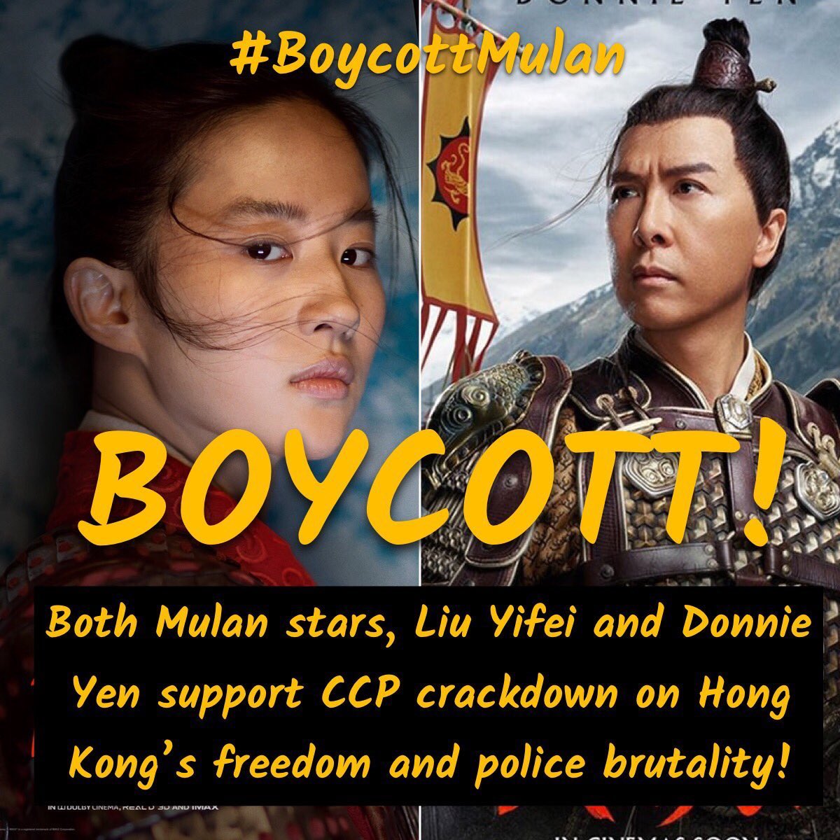 HKWORLDCITY's tweet photo. @DisneysMulan I #BoycottMulan because I care about human rights. https://t.co/hYrBzzYHFu