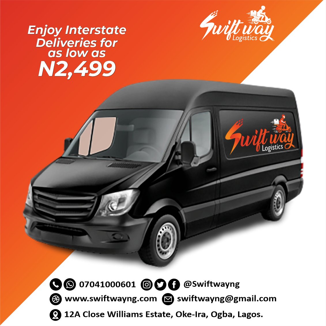 SwiftwayNg's tweet image. Enjoy Interstate Deliveries for as Low as 2,499 Naira to every state in Nigeria.

Send us a DM or call us on 07041000601 or send us an email swiftwayng@gmail.com.

We are ready to serve you.

#SwiftwayNG #SwiftwayLogistics #SwiftwayIsHere #Lagos #Nigeria #Logistics #Delivery