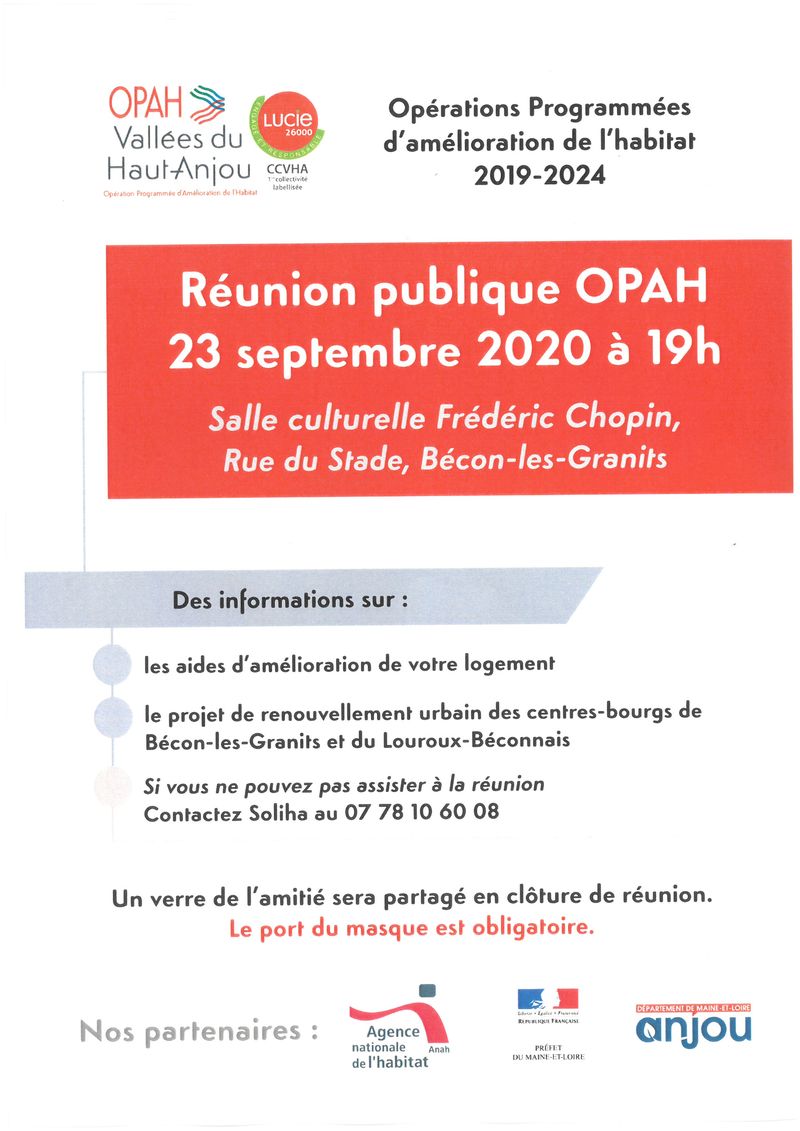 Une réunion publique marquant la fin de l’étude pré-opérationnelle OPAH-RU se tiendra le 23 septembre 2020 à 19h00, Salle culturelle Frédéric Chopin, Rue du Stade, Bécon-les-Granits.