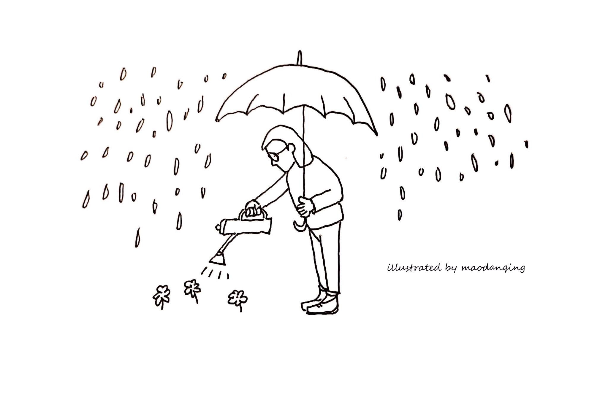 毛丹青 どしゃ降りの雨のなかで傘をさして歩くのも立つのも普通だと思っている しかし その一方でどうみても花の水やり だけはないだろう これは雨の日に かならずと言ってもいいぐらい出会う日本の風景の一つだから イラスト風に描いてみた 考え過ぎな