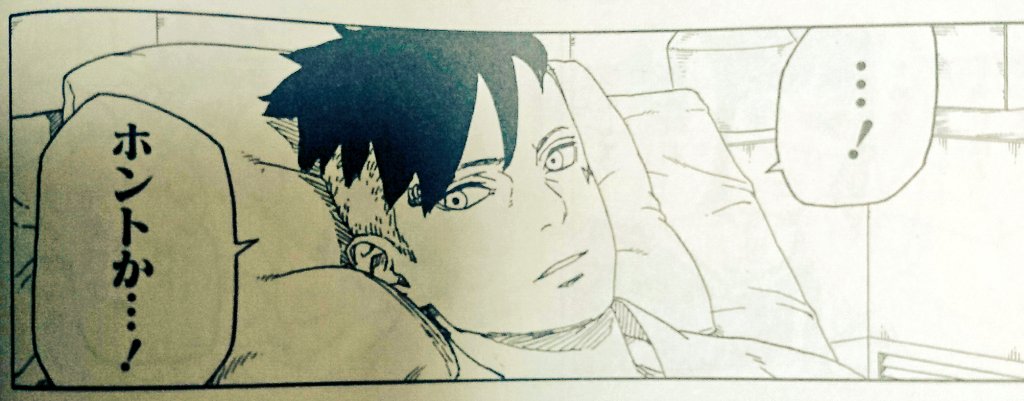 こちらが、自分を庇ったことでジゲンに連れ去られた七代目を我先に救出に向かった先で封印された七代目を身をていして守りながらもなんやかんやあって助け出せはしたものの意識を取り戻さない七代目を心配する日々を過ごした中やっと「父ちゃんが目ェ覚ましたぞ!」と報告を受けたカワキくんです。