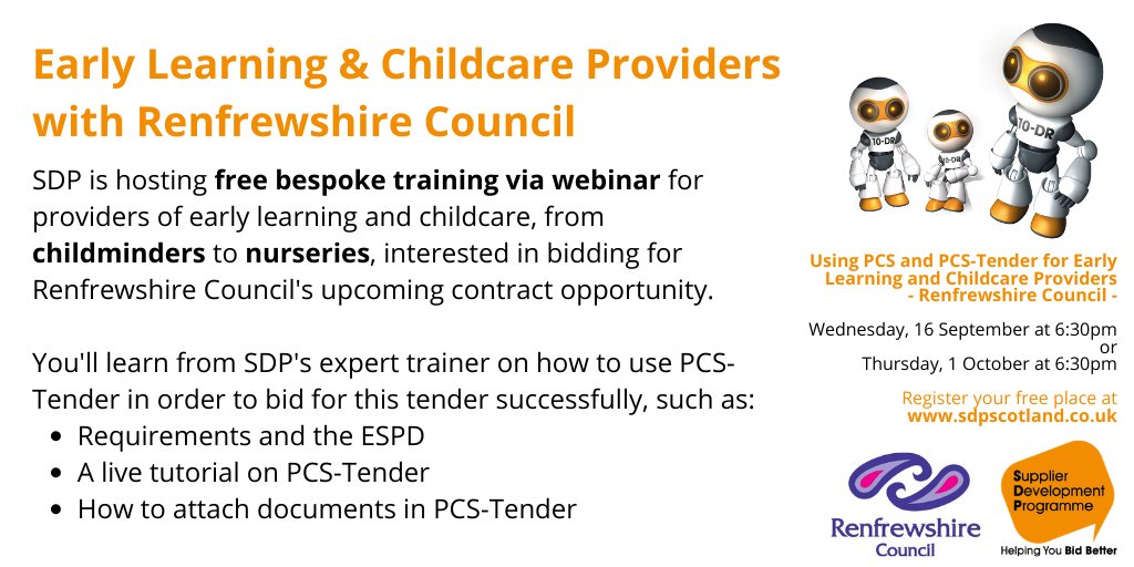 sdpscotland's tweet photo. Are you planning to bid for @RenCouncil's upcoming Early Learning &amp; Childcare tender? SDP is holding free webinar training sessions on 16 Sept &amp; 1 Oct to help local businesses use PCS-Tender to bid successfully: https://t.co/19bq5dWq2a #HelpingYouBidBetter #GoodForCommunities https://t.co/LRYjhupnbu