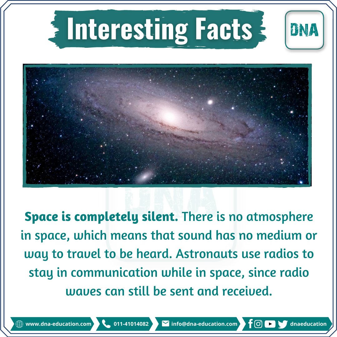 education_dna's tweet photo. INTERESTING FACTS !

#life #interestingfacts #knowledge #facts #boost #learn #gain #highmarks #generalknowledge #kids #space #silent #study #students #atmosphere #sound #nomedium #travel #heard #astronauts #radios #communication #spacestudy #research #school #dnaeducation https://t.co/O2mwOz9bIo