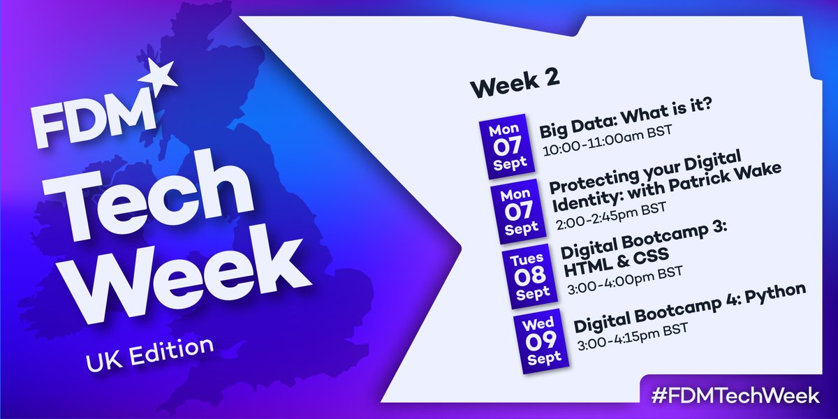 dmucareersteam's tweet photo. ✨Coming up next week is #FDMTechWeek 2✨
Join @FDMGroup between 7th - 9th September where they will be bringing you more excellent webinars!
Sign up now:
https://t.co/U9V2qWlAjw
#tech #careers #students #graduates #FDM #DMUWorks #ProudToBeMore https://t.co/iuUcpm32T9
