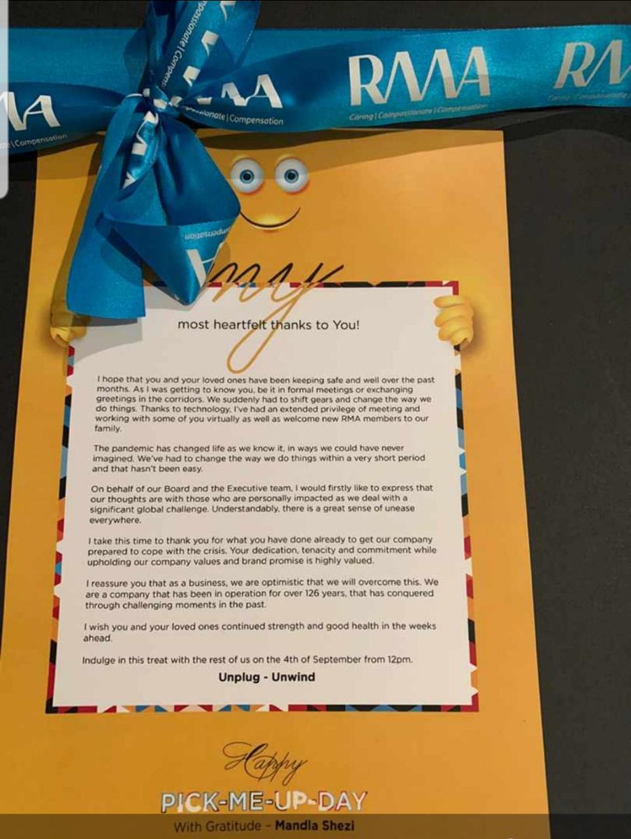 RMAssurance's tweet photo. The past months have not been easy on our employees. A Pick-Me-Up treat is what we all needed. Today all RMA employees are spoiled with treats to enjoy with their families while we all Unplug and Unwind. Happy Pick-Me-Up Day to all RMAers. #RMACovidCare #RMAPickMeUpDay https://t.co/PPiruSSir3
