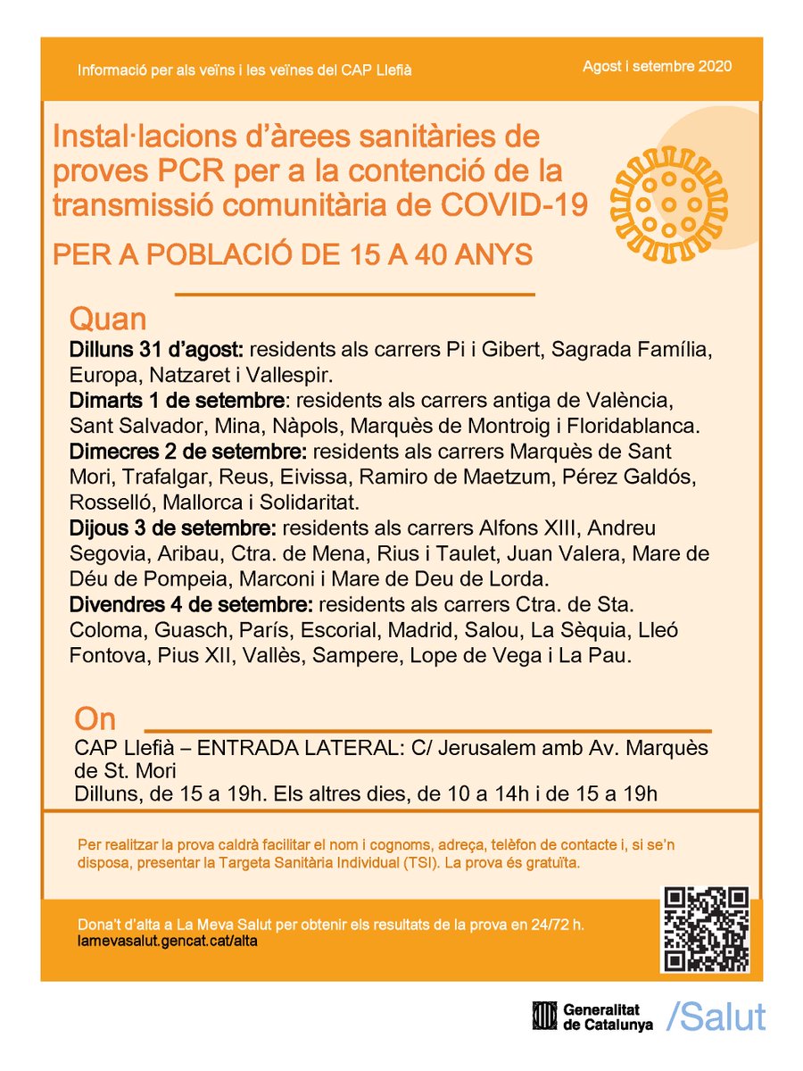 apicsmetronord's tweet photo. En breu comença la darrera jornada del cribratge comunitari a Llefià #Badalona.
Recordeu que us podeu apropar als #CAPLlefià i #CAPGranSol de 10 a 14h i de 15 a 19h.
Aquesta campanya permet detectar casos #COVID19 positius asimptomàtics, aïllar-los i minimitzar contagis https://t.co/sncgRkGmkI