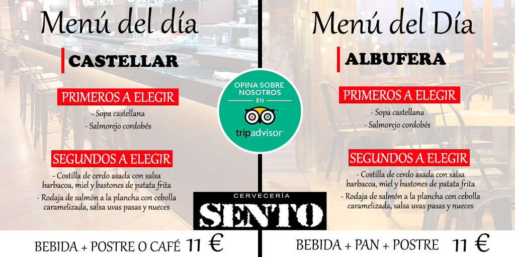 Buenos días 👉 Hoy en las #cervecerías Sento #Albufera y Castellar en #Alicante tenemos #menú del día‼ Os esperamos