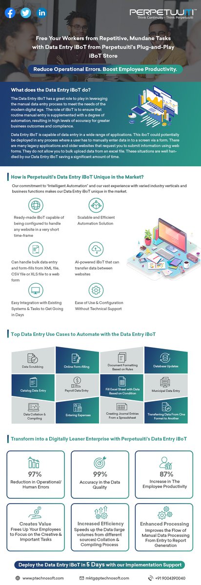 Free your Workers from Repetitive, Mundane Tasks with Data Entry iBoT from Perpetuuiti's Plug-and-Play iBoT Store.
Read More about the Data Entry iBoT and other Plug-and-Play iBoTs from Perpetuuiti: ptechnosoft.com/iBoT_Store.html
#DataEntry #dataentryservices #dataentryautomation