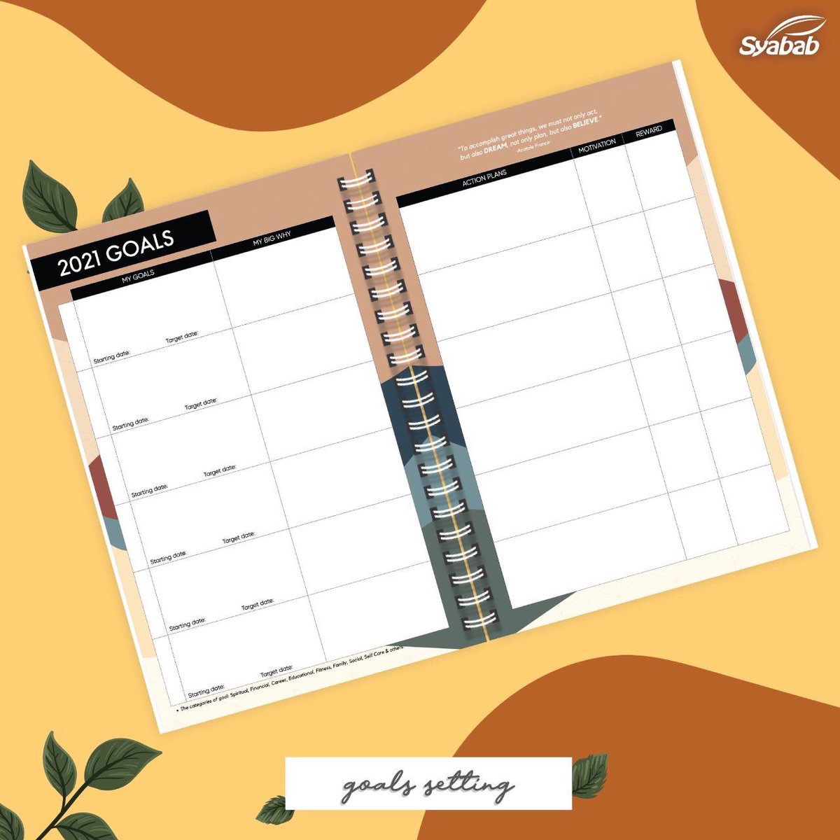 CONTENT EXCLUSIVE PLANNER 2021 Vision board 2021 goals Time to travel Time to exercise Checklist Khatam quran Yearly reading log Blank pages 40+ Calendar 2021 Calendar Hijri (1442H-1443H) Monthly plan Weekly & daily plan Mutabaah amal