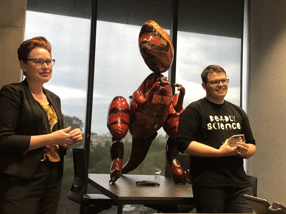 renaemryan1's tweet photo. Wonderful to celebrate @Corey_tutt @CSIRO Indigenous STEM Champion Award today. Only a few of us in the room (including Thelma the T-Rex) but over 100 online from all over Aus. An inspiring yarn with @KatrinaWruck @bradmoggo and video messages from deadly scientists in the making https://t.co/WjvwxQJKuL