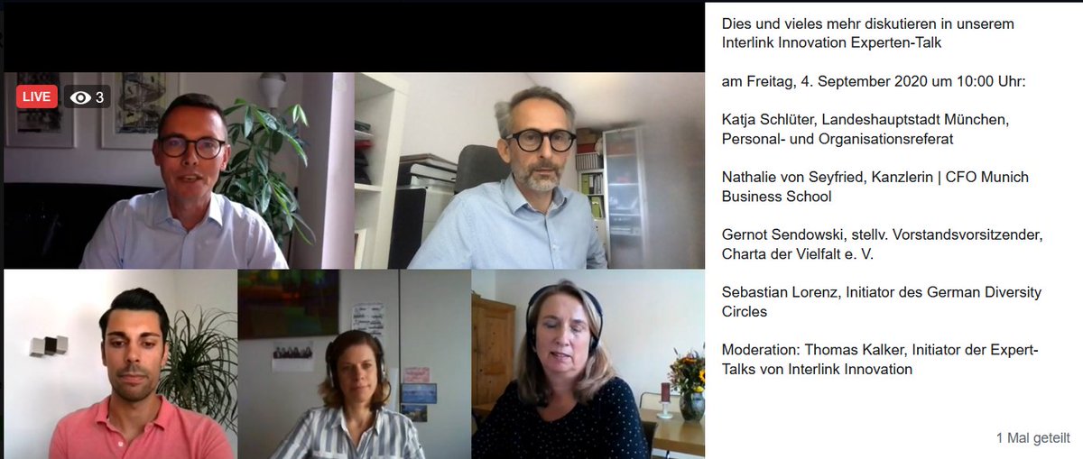 miasanmetz's tweet photo. Jetzt Interlink Innovation Experten-Talk zum Thema der #Diversity mit Katja Schlüter @muenchen, Nathalie von Seyfried @MunichBSchool, Gernot Sendowski @ChartaVielfalt, Sebastian Lorenz @KalkerThomas https://t.co/T9y6juGJVF