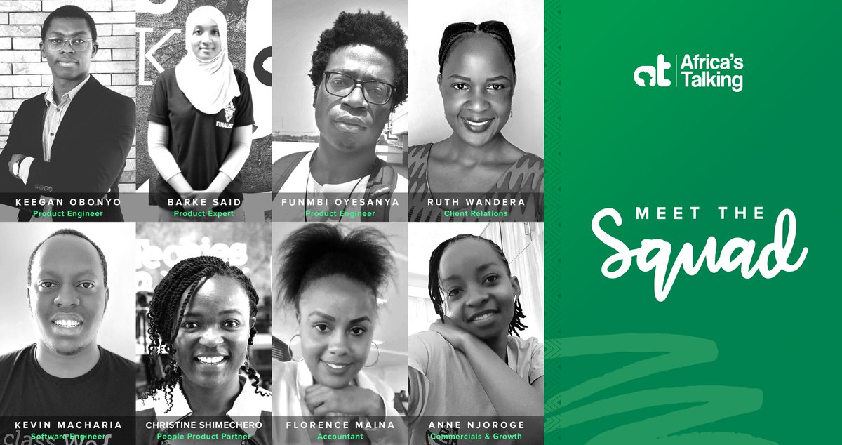 Africastalking's tweet photo. Over the past few weeks, our content has been themed around our #AirtimeAPI.
Today, as we wrap up the airtime campaign(and the week #ThankCodeItsFriday😎), you get to #meetthesquad and appreciate the awesome team behind the #AirtimeAPI. https://t.co/FPg8gJWTbH