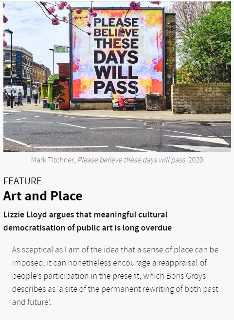 ArtsandPlace's tweet photo. We've just spotted mention of the #ArtsandPlaceNOW series in the latest issue of @ArtMonthly - Lizzie Lloyd argues that meaningful cultural democratisation of public art is long overdue. https://t.co/hBjz558CZm https://t.co/zH54Znqnuz
