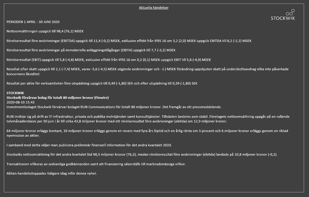 AbsolutelyMint_'s tweet photo. Namn: $Stockwik
Lista: Small Cap
Börsvärde: 470 MSEK
Antal ägare Avanza: 5 851
Nästa rapport: 2020-11-13 Q3
Utveckling senaste rapporter: ↓↑↑↑↑↓
Info: Förvärvsdrivet bolag, huvudkontor i Täby

Disclaimer äger bolaget!

#finanstwitter #aktier #pratapengar #börsdata #Stockwik https://t.co/YCuurG82vQ