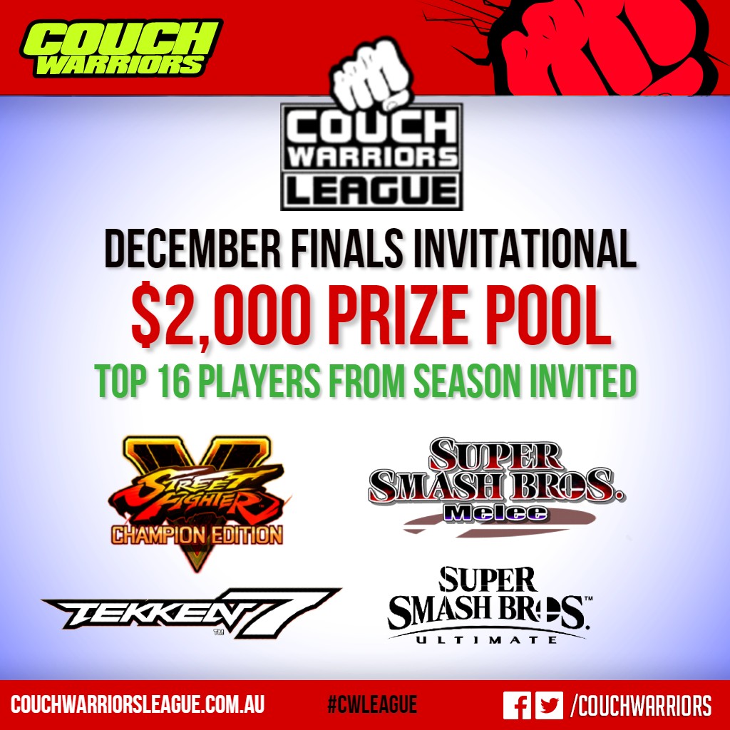 CouchWarriors's tweet photo. ANNOUNCEMENT: CouchWarriors League FINALS INVITATIONAL
🕹 $2,000 Base Prize Pool on top of Season prizes
🕹 December 12-13 Online Australia wide
🕹 INVITED: Top 16 #CWLEAGUE points by Season close (Nov) 
🕹 More to be announced
Join &amp; earn points https://t.co/hZfHncle57 https://t.co/cl0pKC0HnY