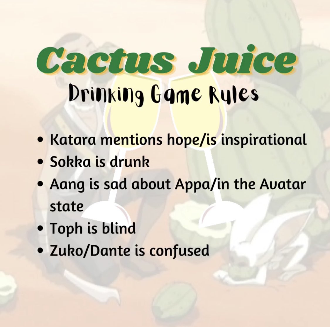 honor_society_'s tweet photo. Fridays are for AVATAR PARTIES!!
This week, we’re going in & bringing back our OG Cactus Juice Drinking Game & Recipe for when we watch “The Desert”, so play along and drink along with us (as long as you’re of drinking age)!!
#avatarparty #hosostream https://t.co/sRcG9xkJbW