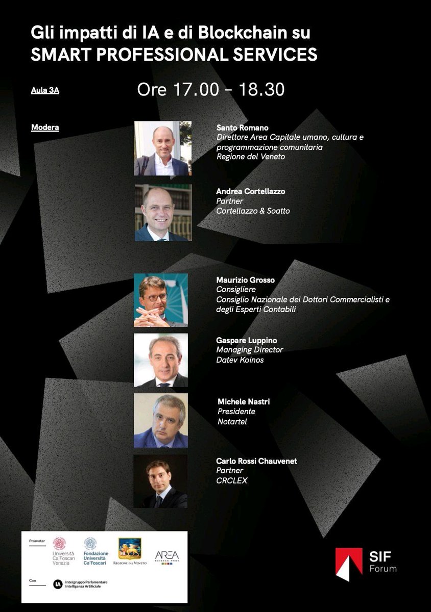 ACortellazzoJr's tweet photo. Oggi straordinaria giornata a Venezia al @SIForum2020💥
📍 alle 17 il mio intervento sugli impatti di #IntelligenzaArtificiale e #BlockChain nei #professionalservices 🚀
📍seguite in streaming 👉https://t.co/EASgfaQ9cu
#Innovation #Strategy #IA #Blockchain #ProfessionalServices https://t.co/1ZWbMgLiB3