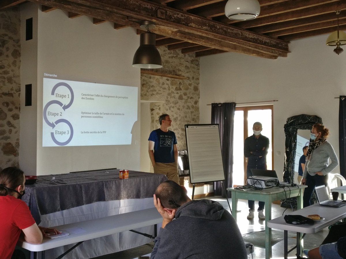 OpenMOLE's tweet image. Last morning of #exmodelo, it's time for our students to present what they have been working on during the challenge!

First group up worked on a way to save the French football team and their supporters in case of a zombie attack in a stadium ⚽ 🧟‍♂️