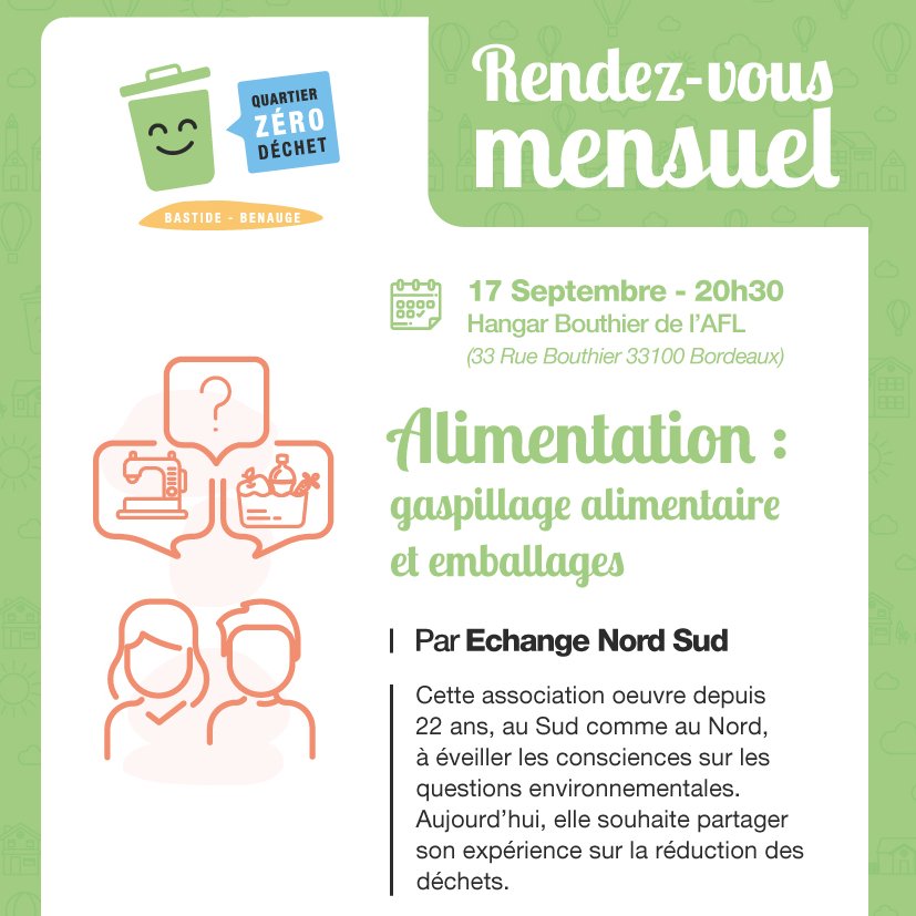 [#RendezVousMensuel] Notre premier rdv (avec l'association Echange Nord Sud) aura lieu le 17 septembre prochain sur le thème "#Alimentation : gaspillage alimentaire et emballages". 

Ouvert à tous sans inscription ! En savoir + : urlz.fr/dJTZ

#Bastide #Benauge