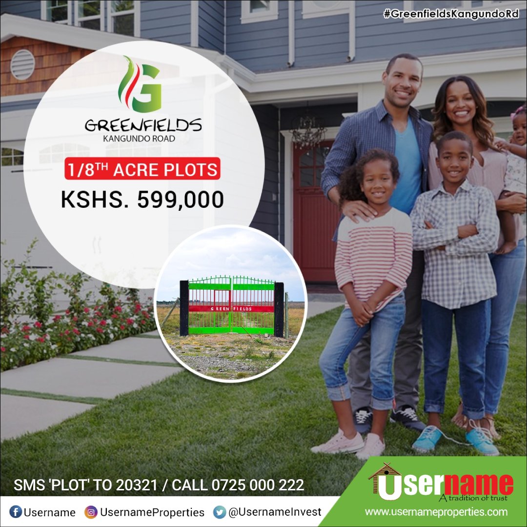 usernameltd's tweet photo. Investing in #GreenfieldsKangundoRd means getting closer to your home ownership dream. For only Kshs. 599,000 only, own a value-added plot ideal for immediate residential development.
For details, SMS ‘PLOT’ to 20321/ call 0725 000 222
https://t.co/6njPg0HJcB
#ATraditionOfTrust https://t.co/E3YaBF0mrJ