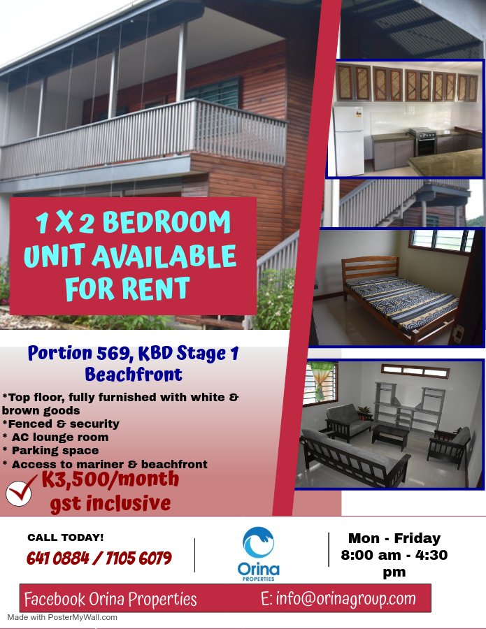 OrinaProperties's tweet photo. #569B - 1 x 2 Bedroom Top Floor Unit available for rental in this quadplex property here in Alotau, Milne Bay Province.

Fenced yard with security guards provided. All white and brown goods available with shower, backup generator and water tank. https://t.co/FS9ynvhFWC