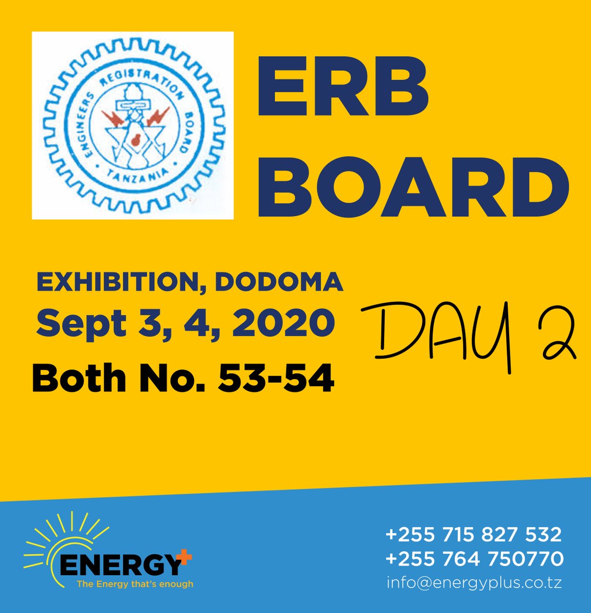 EnergyPlus13's tweet photo. ERB BOARD EXHIBITION DODOMA 2020
Today it's our last day in Erb Exhibition Dodoma
Please visit our booth for infomation and offer!

#solarenergy #jinko #suntech #victronenergy #leochbattery #rollsbattery #lorentzp https://t.co/BW2LWpM6xD