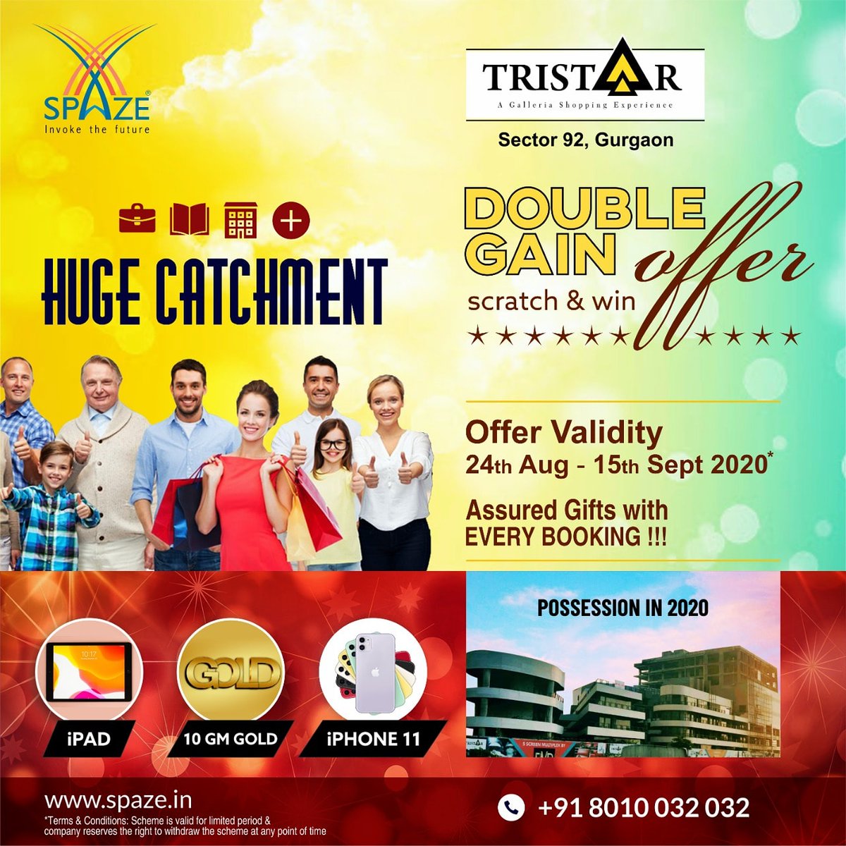 spazesocial's tweet photo. SPAZE GROUP - DOUBLE GAIN OFFER IN SPAZE TRISTAAR
#happybuyers #realestateinvestors #Retail #coronavirus #staysanitized #stayprotected #investfromhome #commercial #SpazeTristaar #bestbrands #PVR #kwals #bigboyslounge #lookssalon #scratchandwin #ipad #gold10gm #iPhone11 https://t.co/JhbuIePYF1