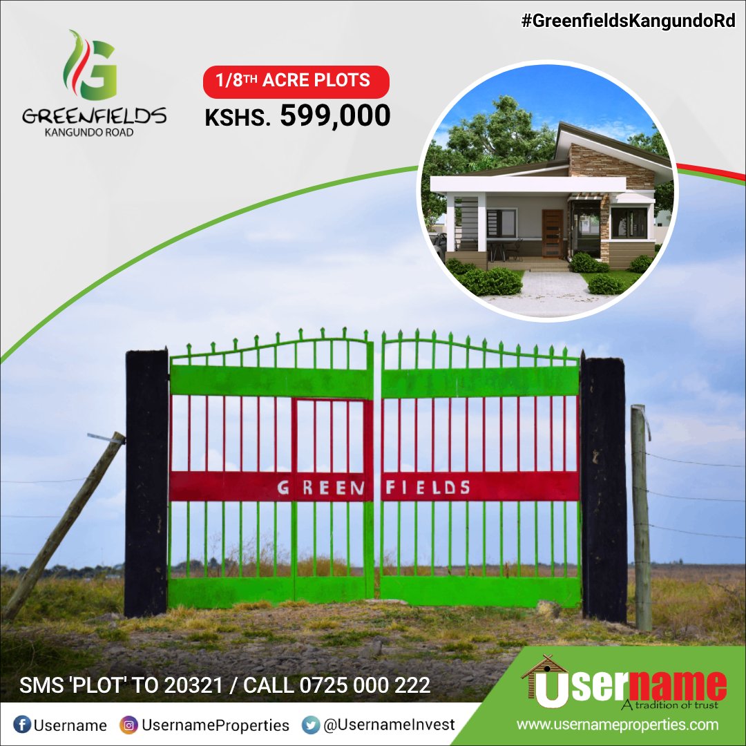 usernameltd's tweet photo. With only 3 months to the end of the year, let us help you make your land ownership dream a reality.
Invest in #GreenfieldsKangundoRd, a ready to build project now selling at Kshs 599,000 only for an 1/8th-acre plot.
SMS ‘PLOT’ to 20321 / call 0725000222
https://t.co/6njPg0ZkBb https://t.co/oErV1PEfoL