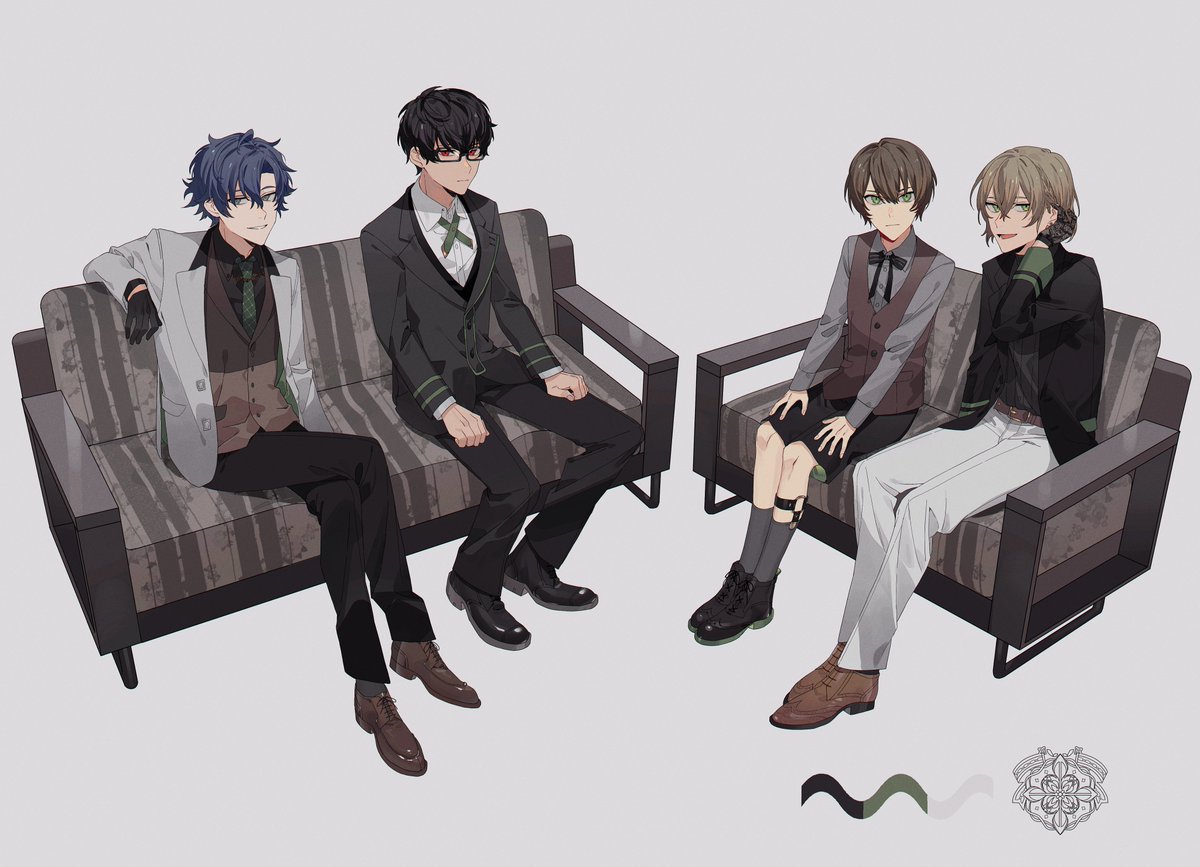 multiple boys vest couch green eyes pants gloves brown hair  illustration images