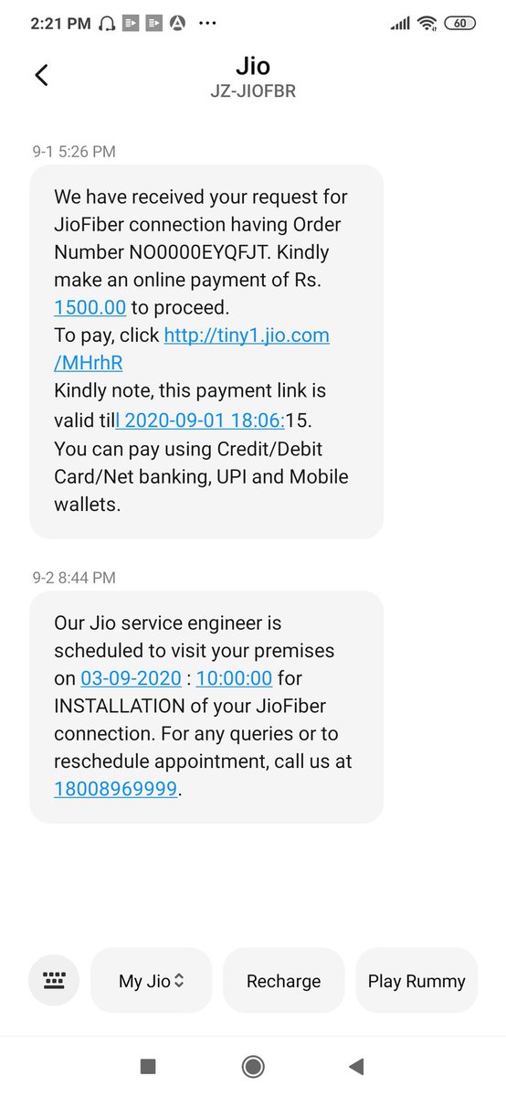 nsrvsp's tweet photo. @JioCare I ordered for jiofiber  new connection . yesterday i have recieved a message stating that installtion engeneer will install by 10 am. till now no one has come. https://t.co/2gyJeo2iE1