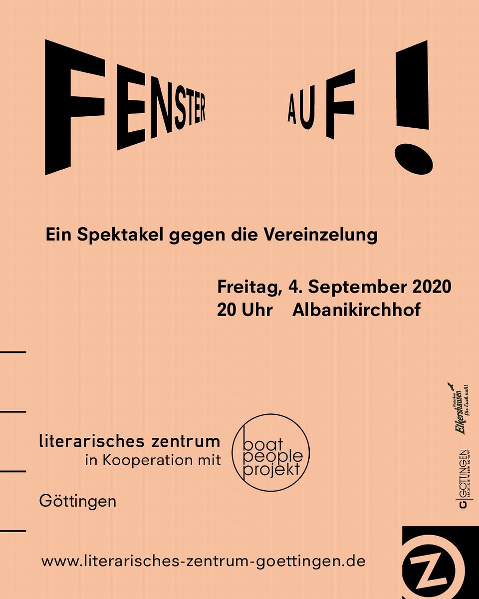 📣NICHT VERGESSEN: Heute Abend, 20 Uhr, am Albanikirchhof!
 »FENSTER AUF! Ein Spektakel gegen die Vereinzelung«
Wir freuen uns auf euch!
Aus den offenen Fenstern sprechen Schauspieler*innen mutspendende Ausrufesätze von internationalen Autor*innen. Mit Live-Musik!
Eintritt frei