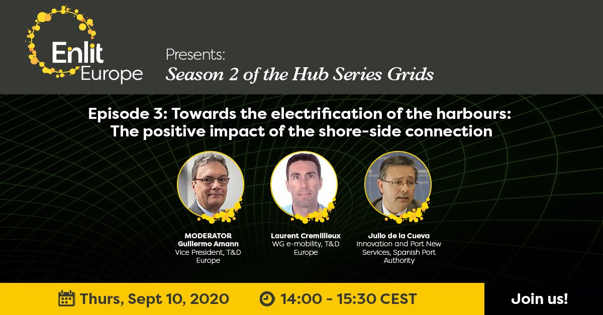 "Towards the electrification of the harbours: The positive impact of the shore-side connection" will be discussed during next week's episode of the #EnlitEurope #Grids Hub Series - 10 September. Join us here: bit.ly/32uOOlk
<a href="/GuillermoAmann/">Guillermo Amann</a> <a href="/BetterGrids/">T&D Europe</a> <a href="/PuertosEstado/">Puertos del Estado</a>