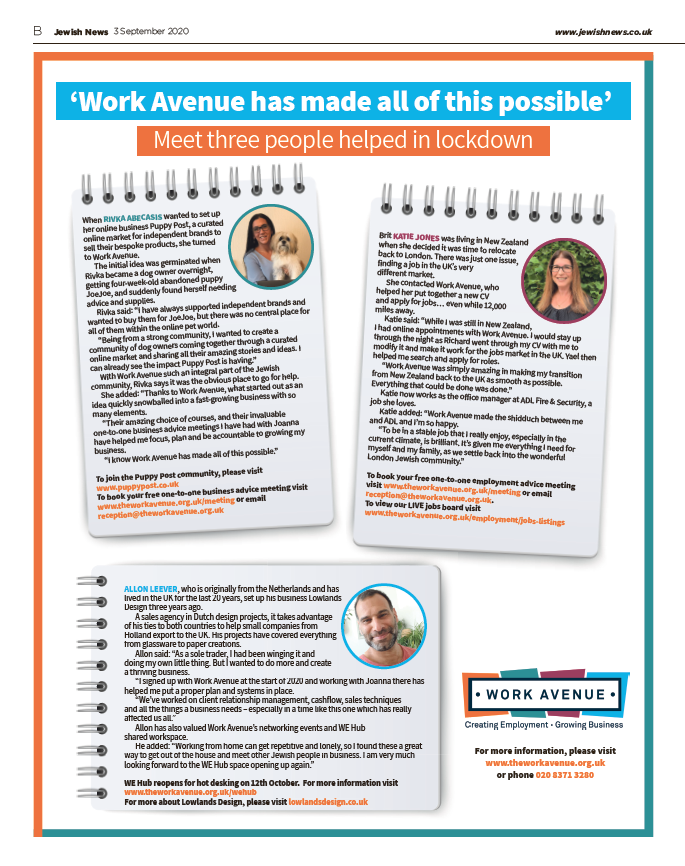 theworkavenue's tweet photo. We're front page on the @JewishNewsUK this week so make sure you pick up your copy to hear about what we've been up to over lockdown and how we can help you too! 
Contact us for free employment or business support - https://t.co/bjDcis4O3D 020 8371 3280
#FeatureFriday https://t.co/LbdAdW5st6