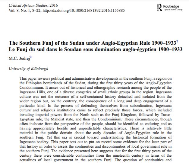 CrASJournal's tweet photo. From #CrASJournal #PastIssues: 'The Southern Funj of the #Sudan under Anglo-Egyptian Rule 1900–1933' by M.C. Jedrej:

https://t.co/MI5An270ev

@africanstudies @UCT_news @Rout_PoliticsIR

#CriticalAfricanStudies https://t.co/5smua7UOPl