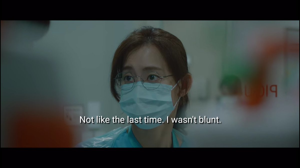 detail and that she wasn’t blunt like the last time. This shows how she learned her lesson and is improving for the better. Bringing up that Ji A’s mother feels devastated shows how she is able to feel for patients. It shows that she cares for them and thinks about how they feel.