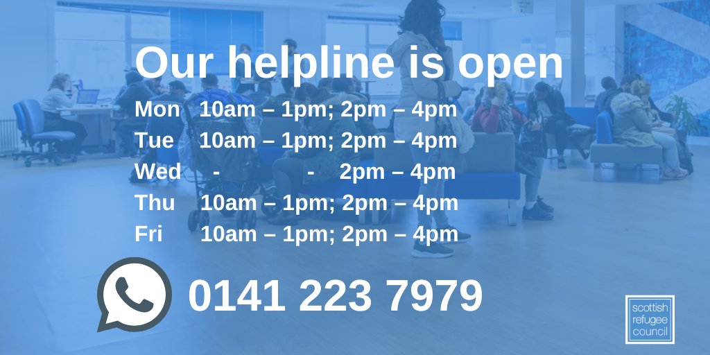 scotrefcouncil's tweet photo. HELPLINE OPEN | If you are a refugee or asylum seeker living in Scotland and need some advice then please speak to us. Call our helpline on 0141 223 7979. https://t.co/zjlTda8MaR