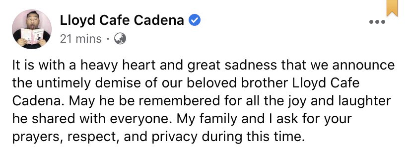 iamaivanreigh's tweet photo. Yes, wala na po ang pinakamamahal naming si @LloydCadena May you include him in your prayers. 🙏🙏🙏 https://t.co/qqsgoVNIX3