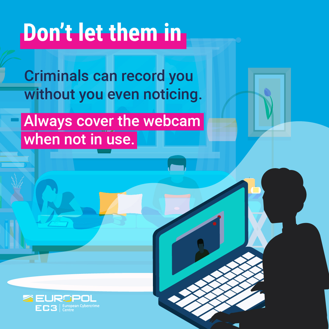 Don't forget to COVER YOUR WEBCAM when you finish your online meetings, courses or webinars 💻. A bit of tape, a sticker or even a plaster are enough to protect yourself. Criminals can record you even when you’re not using it. Don't let them invade your privacy!