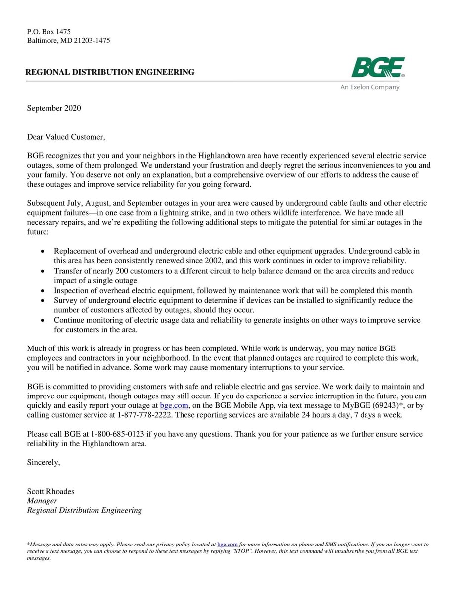 Highlandtown On Twitter This Is The Letter Highlandtown Residents Will Be Receiving From Bge About The Power Outages