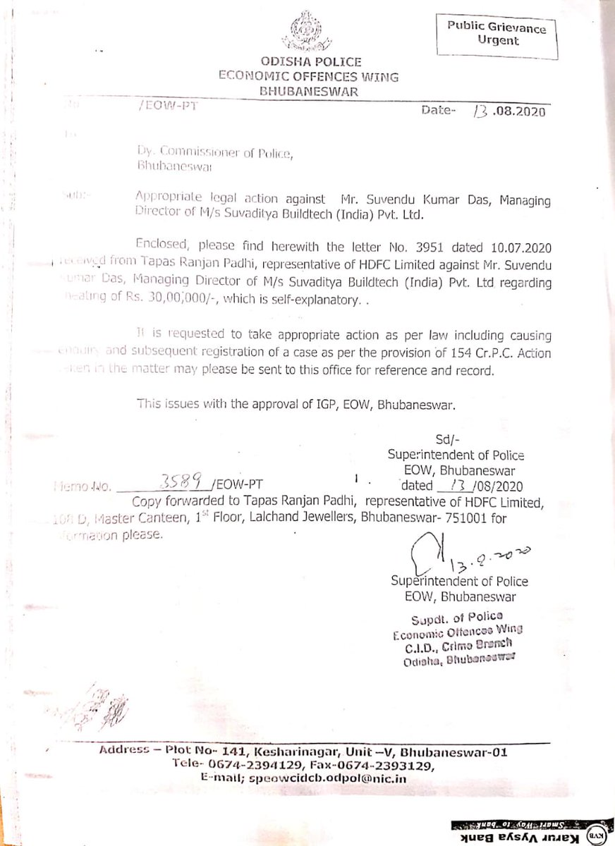 GPaanigrahi's tweet photo. Made a FIR with Khandagiri police station via fir no 0482/10.08.2020 for fraud by builder. IO Sushant Swain is not taking the case seriously also helping the culprit. All ready informed  to @dcpbbsr. Kindly #helpforjustice.

@cpbbsrctc 
@CMO_Odisha 
@HomeLoansByHDFC 
@PMOIndia https://t.co/FhCVPcUIQl